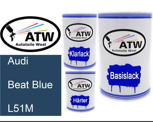 Audi, Beat Blue, L51M: 500ml Lackdose + 500ml Klarlack + 250ml Härter - Set, von ATW Autoteile West.